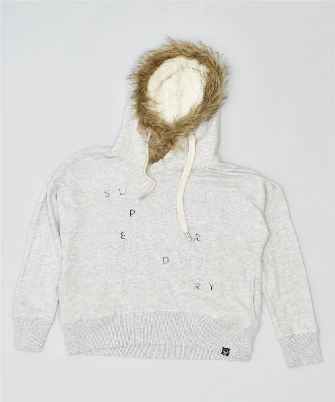 SUPERDRY Womens Oversized Graphic Hoodie Jumper UK 6 XS Grey Cotton Hoodie with Print Artistic Unique