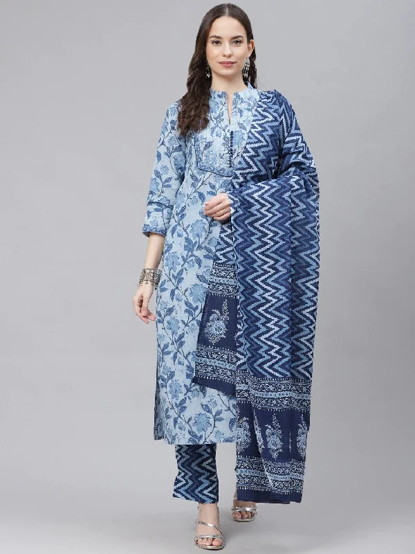 Women's Cotton Printed Kurta Pant Dupatta Set - Ahika Fashionable Track Pants