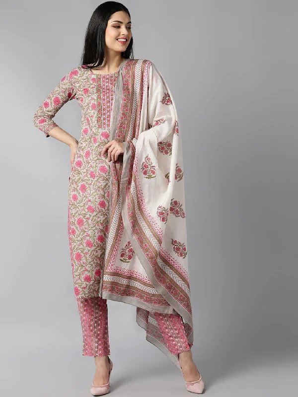 Women's Grey Pink Floral Printed Regular Pure Cotton Kurta With Pants Dupatta - Ahika Classic Chino Pants