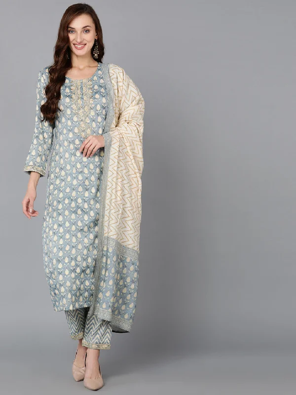 Women's Viscose Rayon Grey Printed Straight Kurta Pant With Dupatta - Ahika Classic Flared Pants