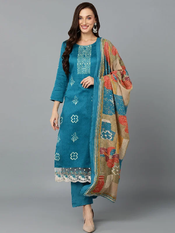 Women's Silk Blend Firozi Printed Straight Kurta Pant With Dupatta - Ahika Modern Stretch Trousers