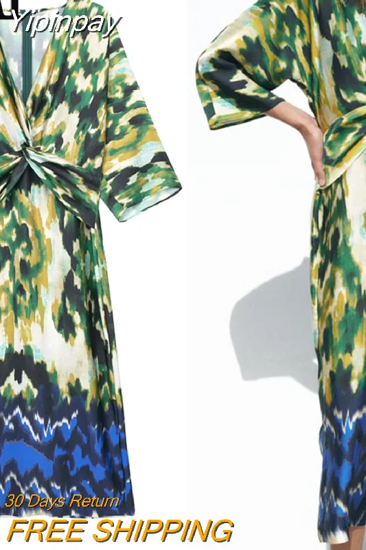 Yipinpay Printed Tunic Long Dress Women Knot Summer Dresses For Women 2023 Vintage Beach Dress Woman Midi Elegant Women's Dresses Tunics Luxurious premium