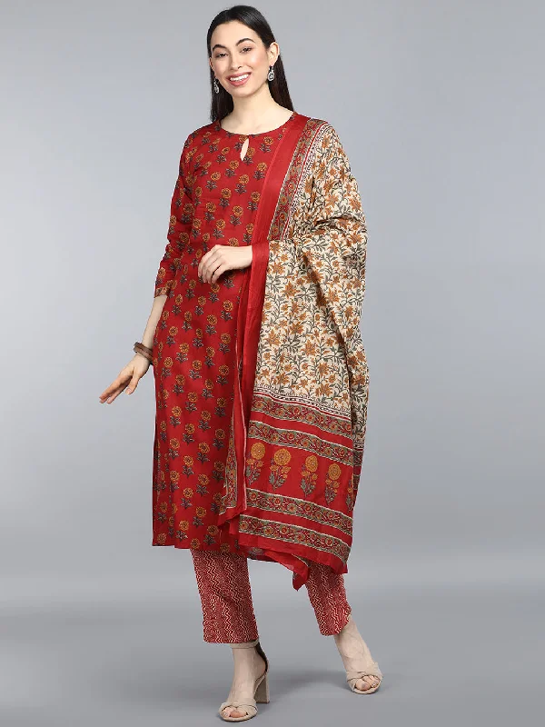 Women's Pure Cotton Printed Kurta Pant Dupatta Set - Ahika Formal Stretch Pants
