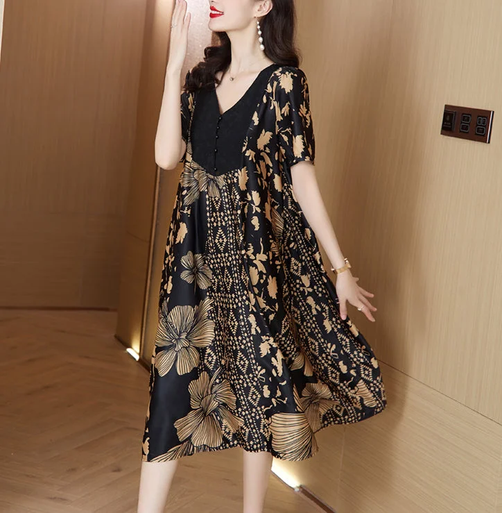 Summer new patchwork V-neck loose temperament dress Tunics Denim casual