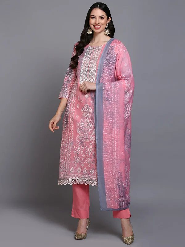 Women's Cotton Peach Printed Straight Kurta Pant With Dupatta - Ahika Elegant Dress Pants