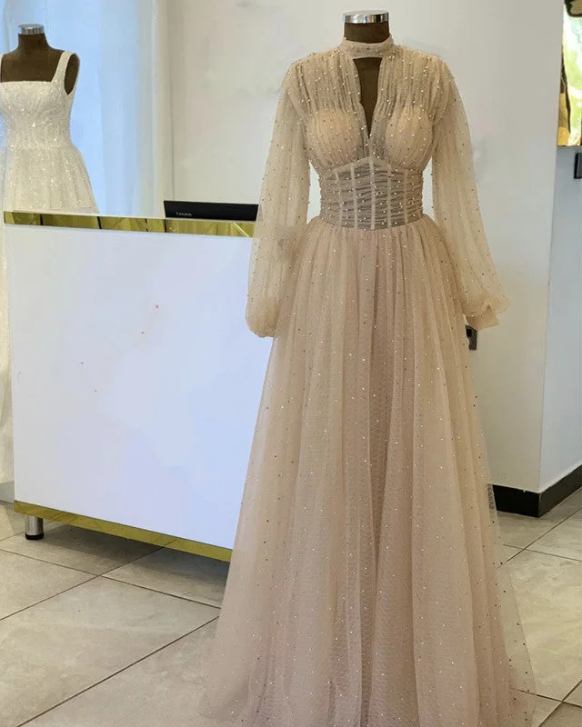 High Neck Long Sleeves Tulle Dresses With Pearl Beaded Tunics Brand named