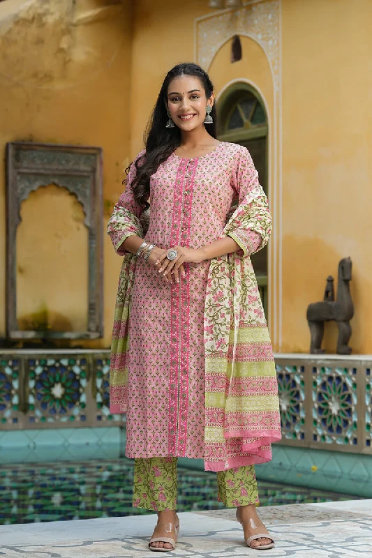 Women's Cotton Printed Kurta Pant Dupatta Set - Ahika Trendy Wide-Leg Pants