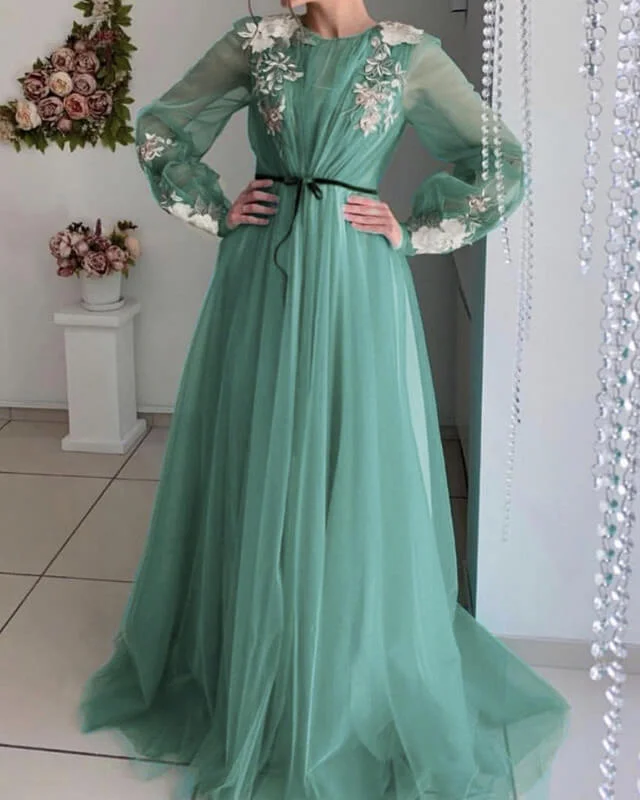 Long Sleeve Tulle Prom Dresses Lace Embroidery Casual Short Summer