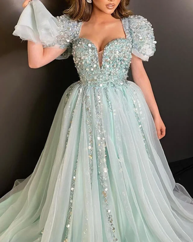 Blue Tulle Cap Sleeves Sequin Beaded Dress Tunics Print Colorful