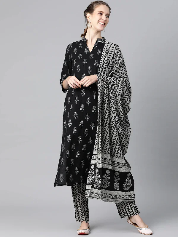 Women's Cotton Blend Printed Kurta Pant Dupatta Set - Ahika Classic Straight-Leg Pants