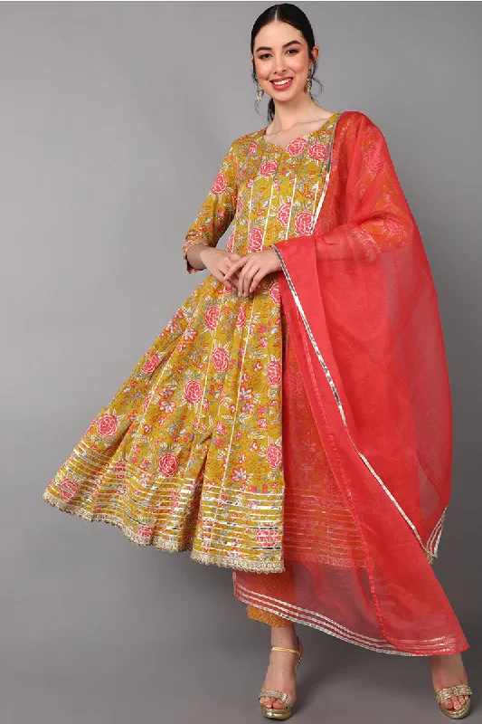 Women's Cotton Printed Kurta Pants Dupatta Set  - Ahika Soft Sweatpants Style