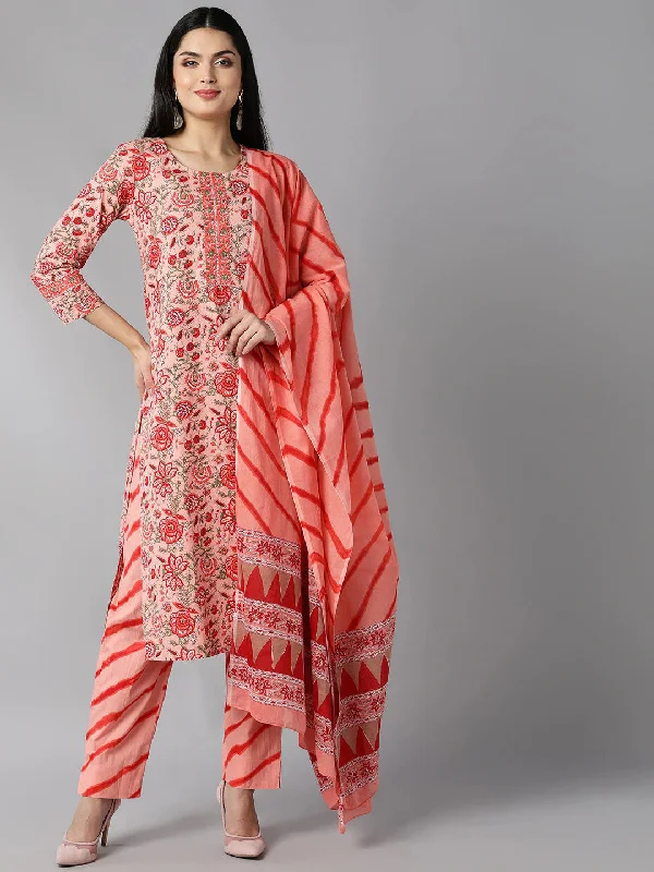 Women's Peach-Coloured Ethnic Motifs Printed Cotton Kurta With Pants Dupatta - Ahika Relaxed Fit Trousers