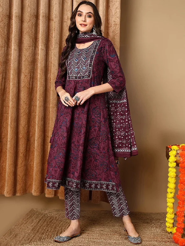 Women's Magenta Pure Cotton Floral Printed Yoke Design Kurta Pant With Dupatta  - Ahika Modern Stretch Trousers