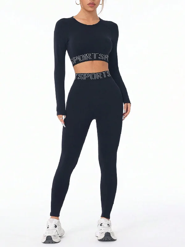 Hazel Blues® |  Letter Print Round Neck Long Sleeve Top and Leggings Active Set Stylish High-Waisted Leggings