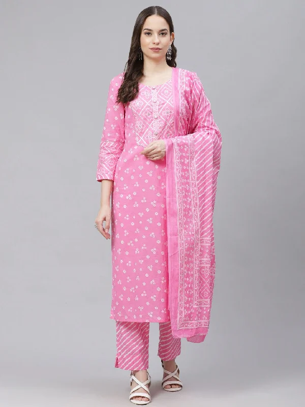 Women's Cotton Printed Kurta Pant Dupatta Set - Ahika Comfy Zip-Up Pants