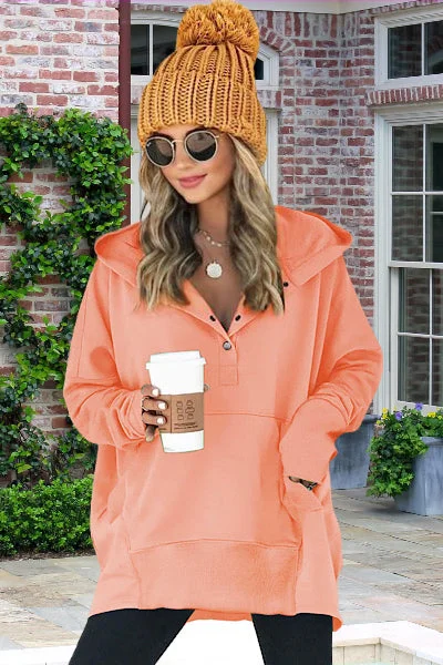 Henley Style Fall Hoodie - Orange Hoodie with Hem Embroidery Detailed Premium