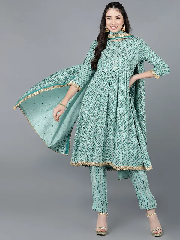 Women's Cotton Blend Printed Kurta Pants With Dupatta - Ahika Soft Wool Pants