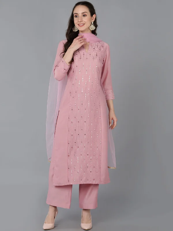Women's Silk Blend Embroidered Mirror Work Kurta Pant With Dupatta - Ahika Classic Bootcut Trousers