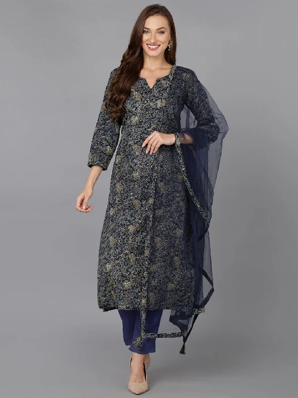 Women's Cotton Blend Navy Blue Printed Straight Kurta Pant With Dupatta - Ahika Trendy Palazzo Pants