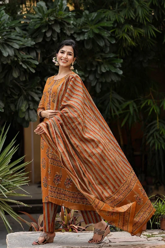 Women's Cotton Blend Printed Kurta Pant Dupatta Set - Ahika Relaxed Lounge Trousers