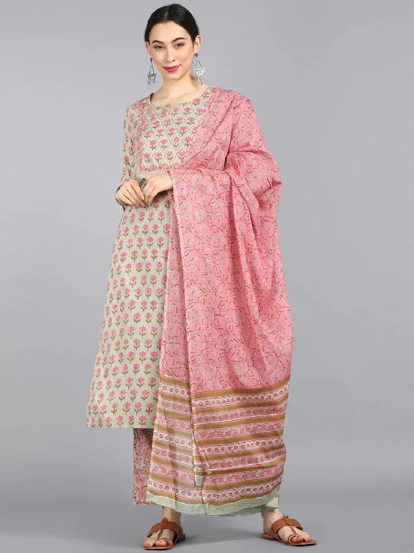 Women's Cotton Printed Kurta Pant Dupatta Set - Ahika Wide-Legged Palazzos