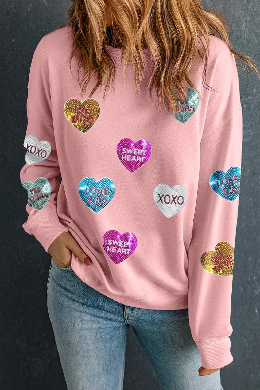 Sequined Sweatshirt - Pink Hoodie with Rolled Sleeves Casual Relaxed