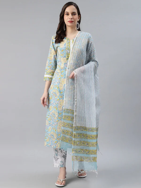 Women's Cotton Printed Kurta Pant Dupatta Set - Ahika High-Waist Jeans
