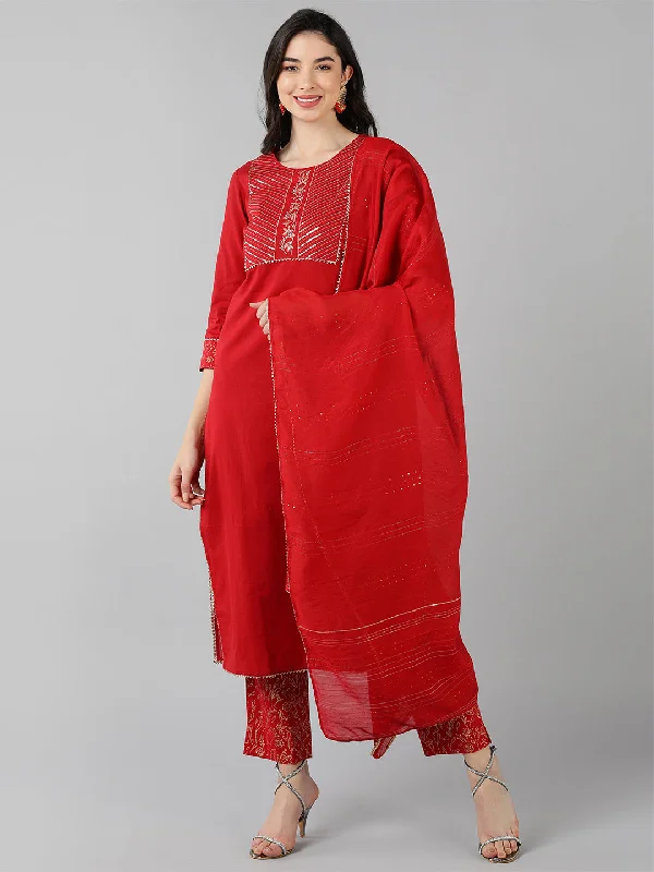 Women's Cotton Blend Printed Kurta Pant Dupatta Set - Ahika Casual Skinny Fit Pants