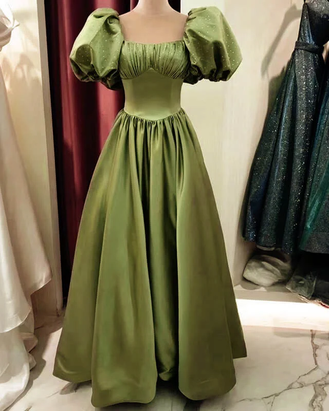 Army Green Prom Dresses Ball Gown Satin Puffy Sleeves Tunics Fashionable trendy