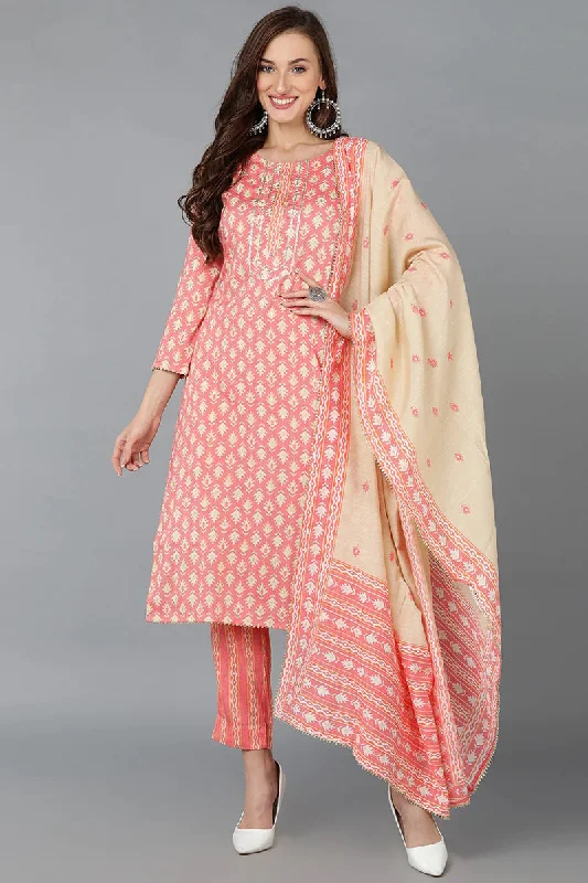 Women's Cotton Printed Kurta Pants Dupatta Set - Ahika Trendy High-Waist Trousers
