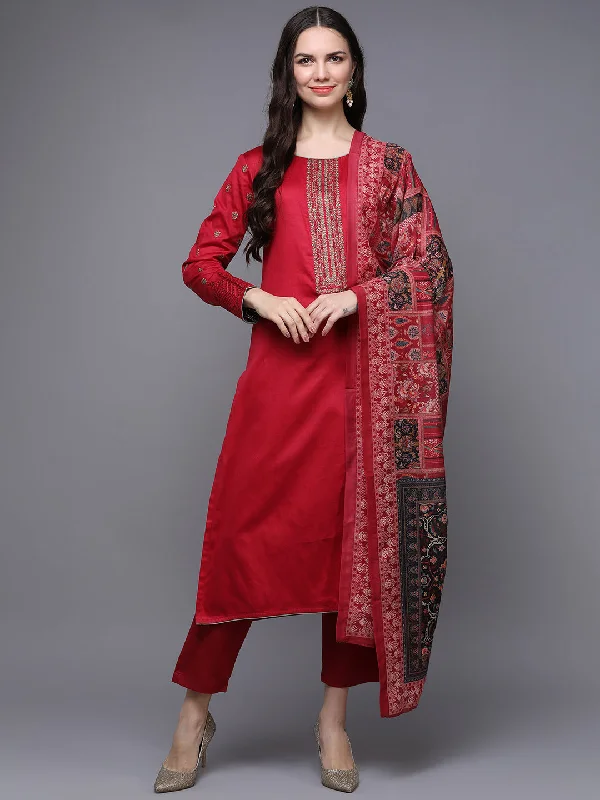Women's Cotton Red Embroidered Straight Kurta Pant With Dupatta - Ahika Fashionable Sporty Pants