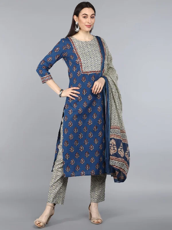 Women's Pure Cotton Printed Kurta Pant Dupatta Set - Ahika Soft Stretch Trousers