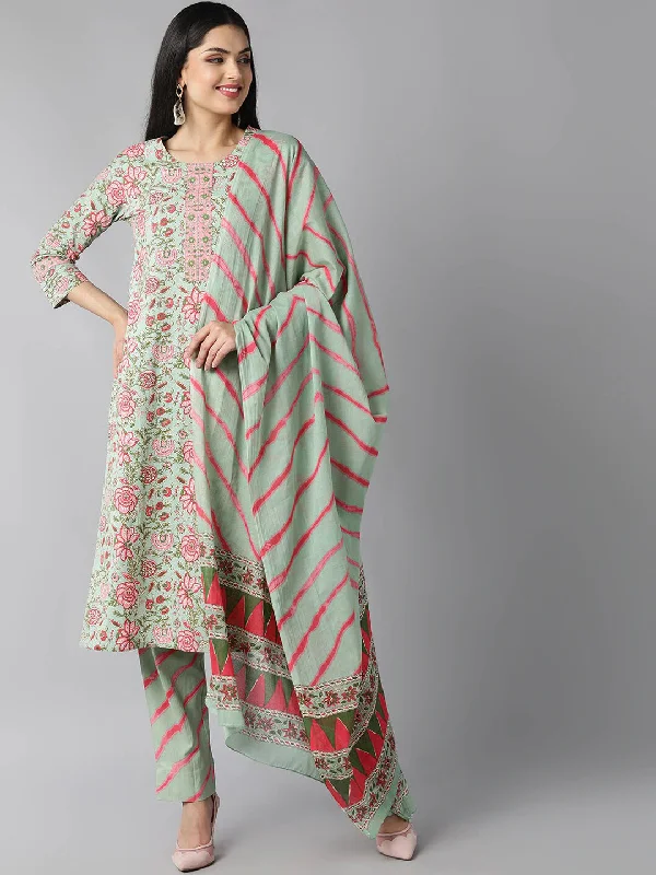 Women's Sea Green Pink Floral Printed Pure Cotton Kurta With Pants Dupatta - Ahika Modern Bootcut Pants