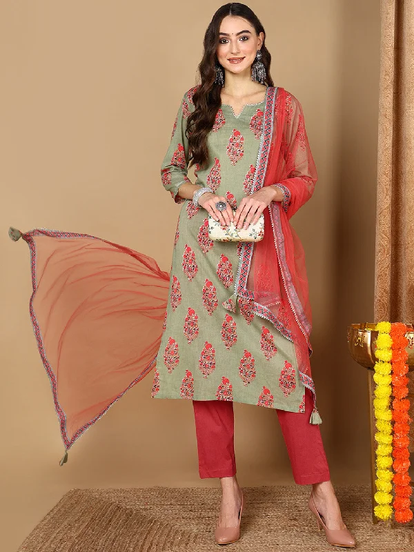Women's Green Pure Cotton Ethnic Motifs Printed Straight Kurta Pant With Dupatta - Ahika Comfortable Fleece Pants