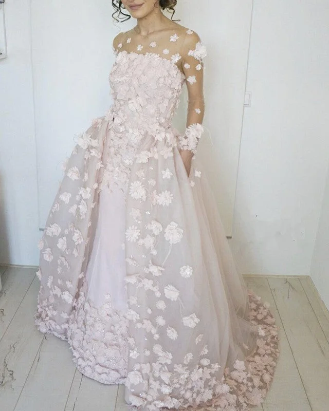Long Sleeves Ball Gown Tulle Dresses With 3D Flowers Tunics Party sparkling