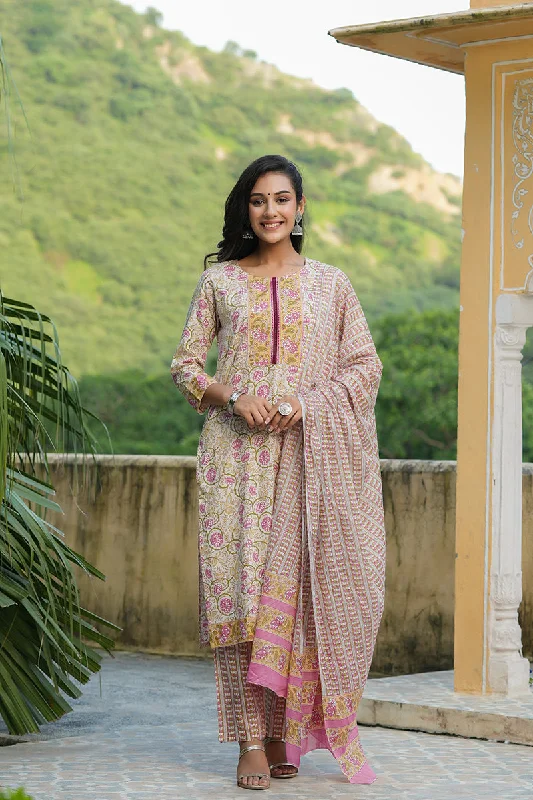 Women's Cotton Printed Kurta Pant Dupatta Set - Ahika High-Waist Jeans