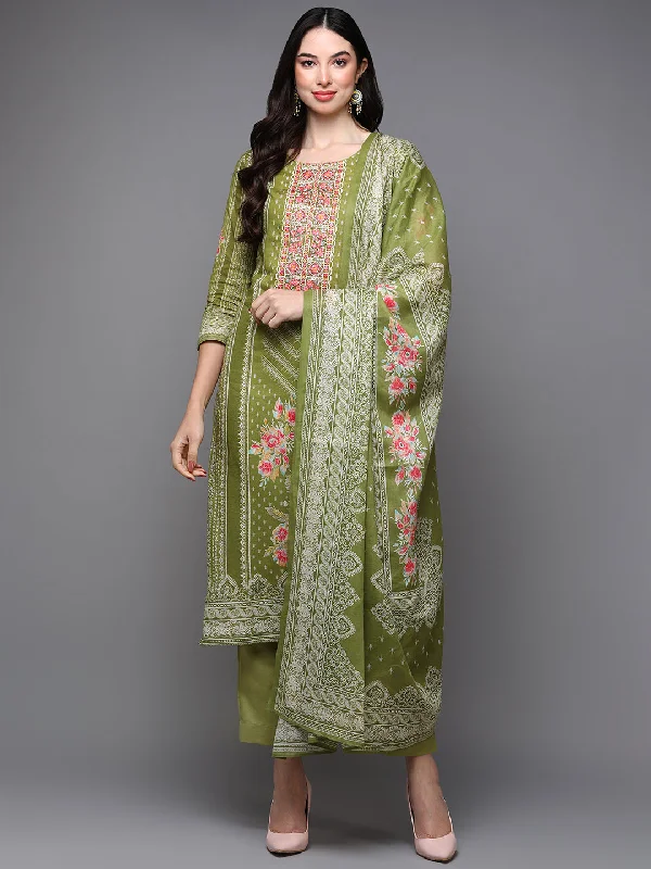 Women's Cotton Green Embroidered Straight Kurta Pant With Dupatta - Ahika Casual Drawstring Pants