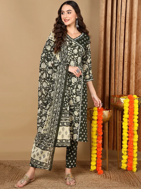 Women's Green Cotton Floral Printed Angrakha Kurta Pant With Dupatta - Ahika Soft Stretch Pants