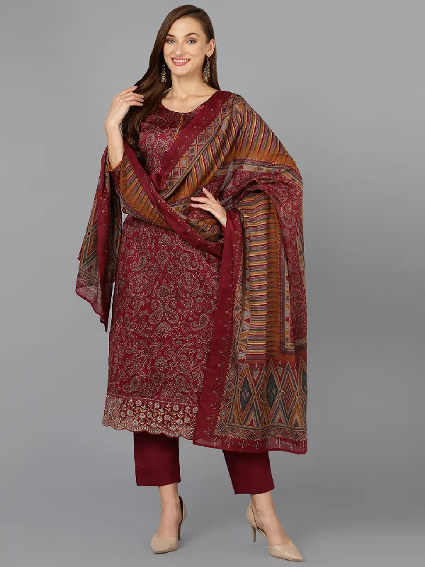 Women's Maroon Cotton Straight Kurta Pant With Dupatta - Ahika Stylish Paperbag Waist Pants
