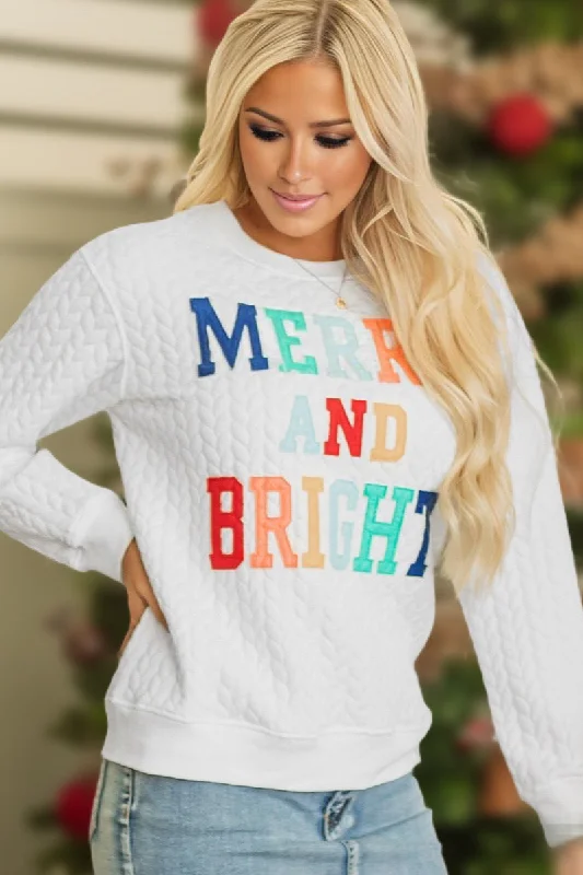 Quilted Merry and Bright Sweatshirt - White Hoodie with Button Placket Classic Preppy
