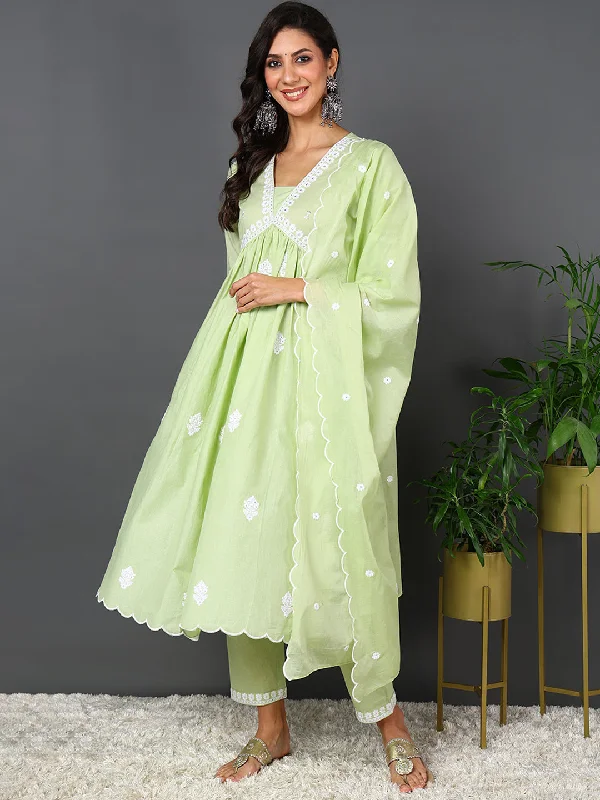 Women's Green Pure Cotton Solid Embroidered Kurta Pant With Dupatta  - Ahika Formal Linen Trousers