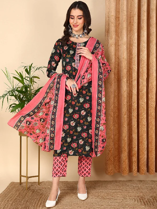 Women's Black Cotton Blend Floral Printed Kurta Pant With Dupatta  - Ahika Formal Wide-Leg Pants
