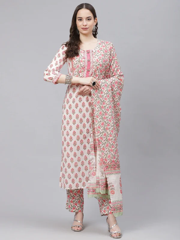 Women's Cotton Printed Kurta Pant Dupatta Set - Ahika Soft Sweatpants Style