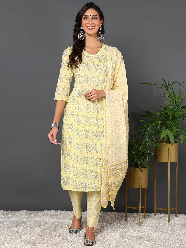 Women's Yellow Pure Cotton Floral Printed Kurta Pant With Dupatta  - Ahika High-Waist Jogger Pants
