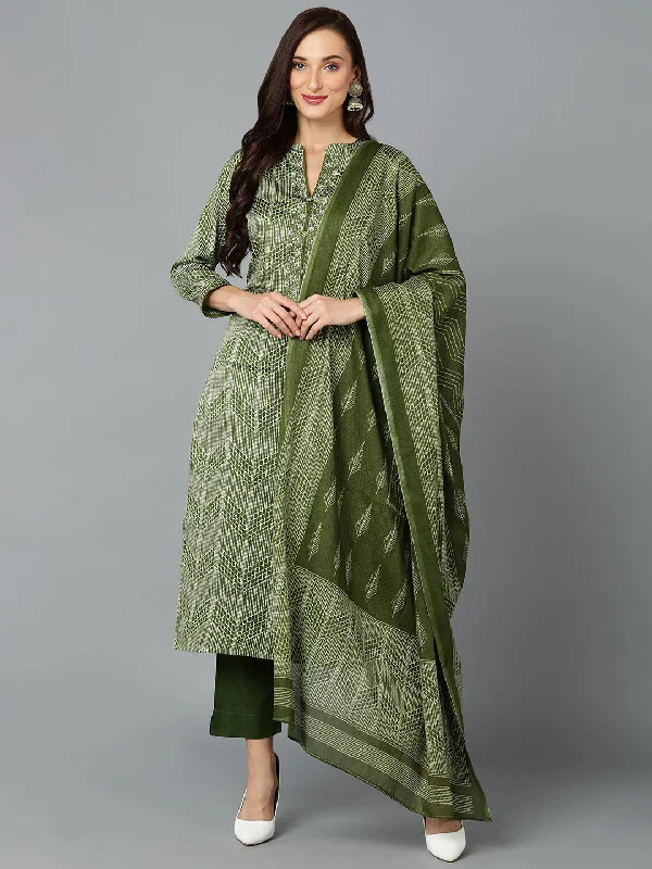 Women's Silk Blend Fern Green Straight Kurta Pant With Dupatta - Ahika Casual Track Pants