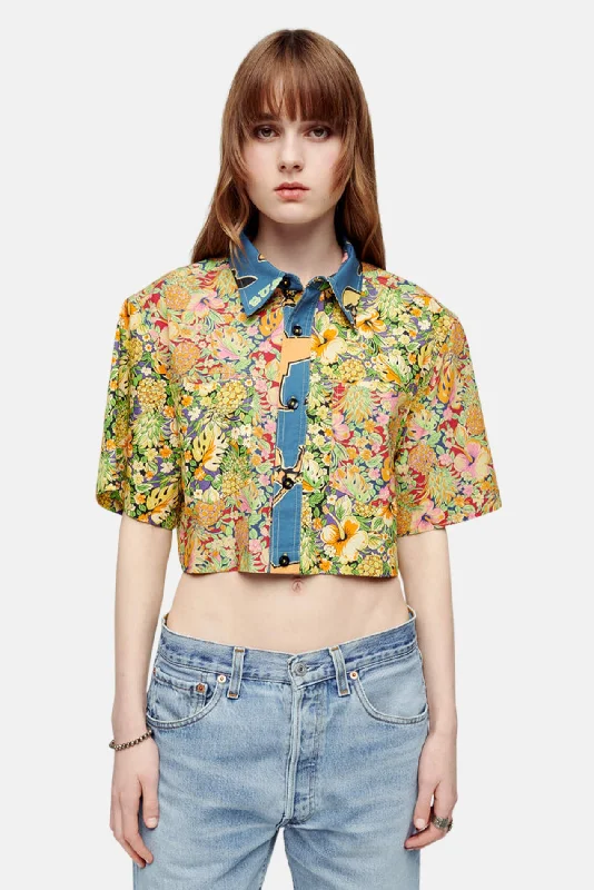 Oversized Crop Shirt Multi Pineapple-- Lace Blend Ribbed Blend Corduroy Blend