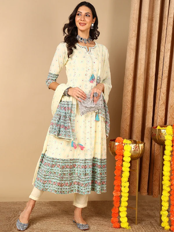 Women's Yellow Pure Cotton Ethnic Motifs Printed Kurta Pant With Dupatta  - Ahika Elegant Palazzo Trousers