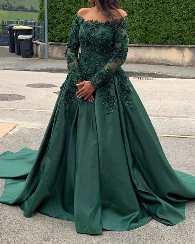 A-line /Princess Long Sleeves Prom Dresses Lace Beaded Off The Shoulder Tunics Fleece cozy