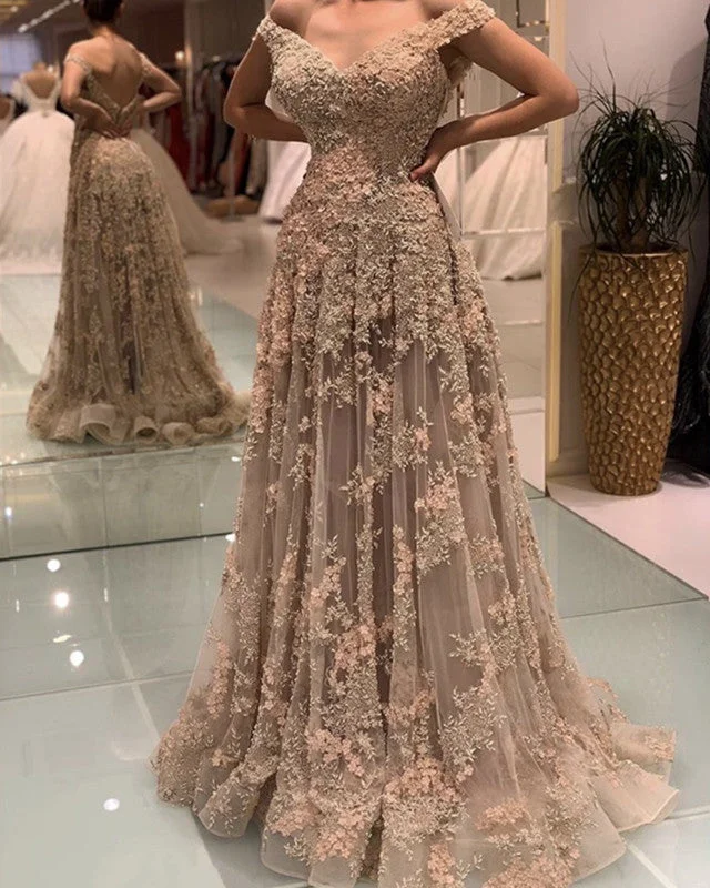 Elegant Lace Prom Long Dresses Off Shoulder Floral Print girly