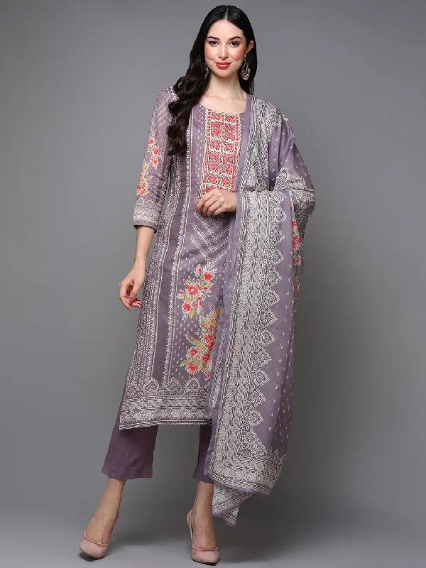 Women's Cotton Mauve Embroidered Straight Kurta Pant With Dupatta - Ahika Trendy Wide-Legged Trousers